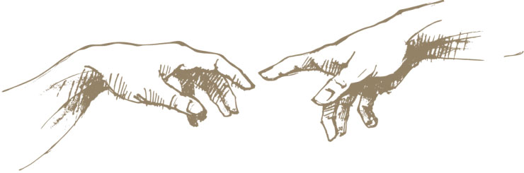 Um desenho das mãos da obra A Criação de Adão, de Michelangelo
